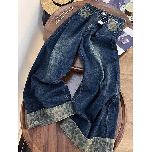 Leopard Print Patchwork Wide Leg Jeans