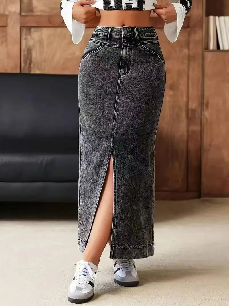 High-Waisted Front-Slit Denim Skirt