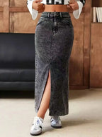 High-Waisted Front-Slit Denim Skirt