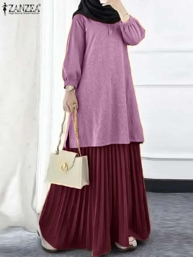 ZANZEA Autumn Muslim Two Piece Sets Women Outfits Casual Long Sleeve Long Tops Dress Sets Abaya Suit Dubai Hijab Tracksuit 2025