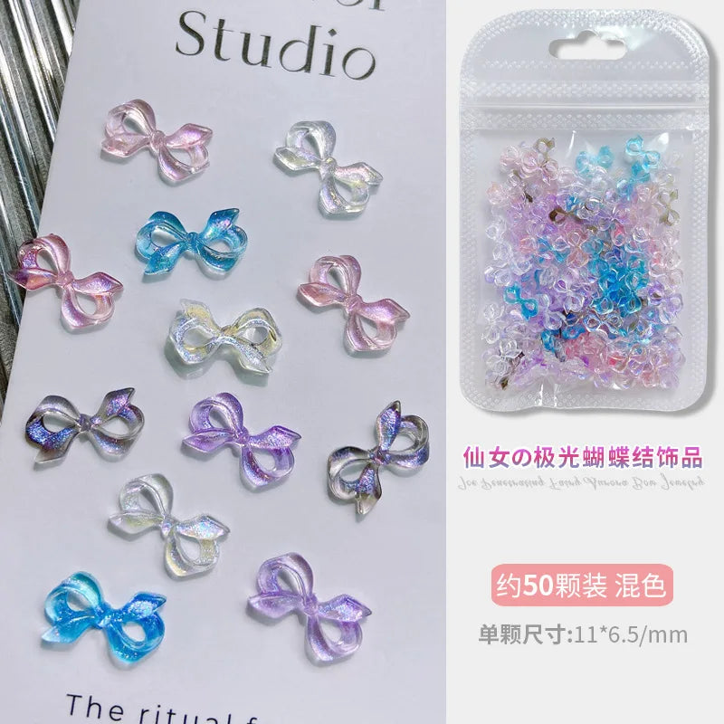50PCS Aurora Acrylic 3D Nail Art Bow Charm For Nails Decoration Design Kawaii Manicure Accessories Bow-knot DIY Craft Supplies