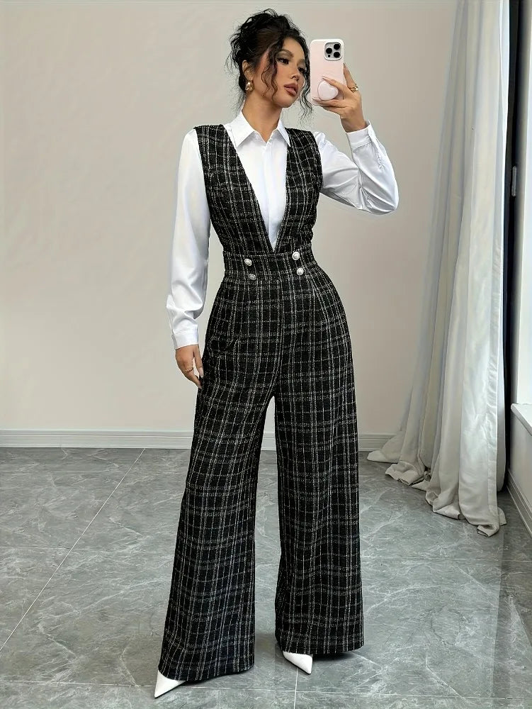 High Waist Wide Leg Plaid Tweed Jumpsuit