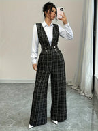 High Waist Wide Leg Plaid Tweed Jumpsuit
