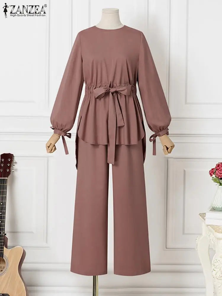 2024 ZANZEA Women Long Sleeve Blouse Pant Suits Fashion Abaya Hijab Tracksuits IsIamic Clothing 2PCS Vintage Autumn Muslim Sets