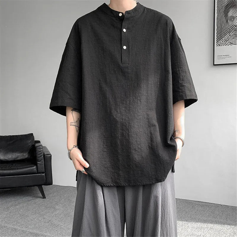 Summer Henry Collar Cotton Linen Tee