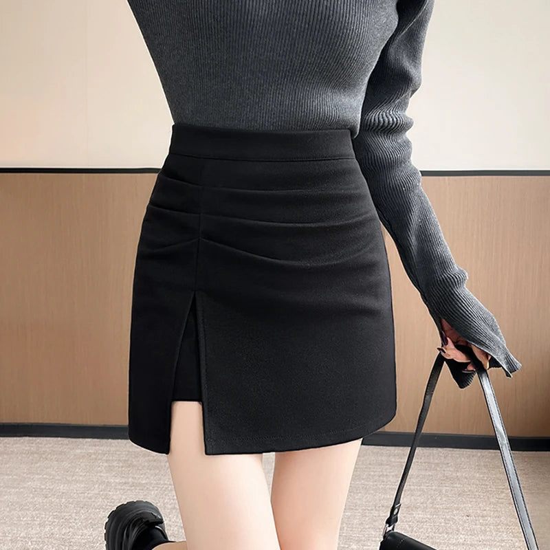 Side Split Woolen Mini Skirt