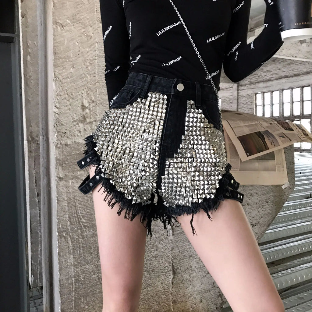 Side Spike Denim Shorts