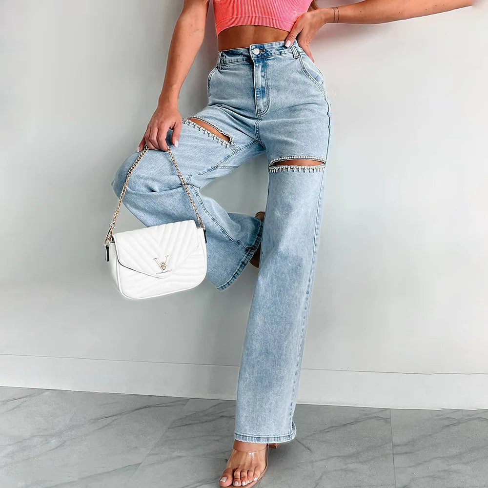 High-Waisted Wide-Leg Jeans with Rhinestone Fringe Thigh Cutouts