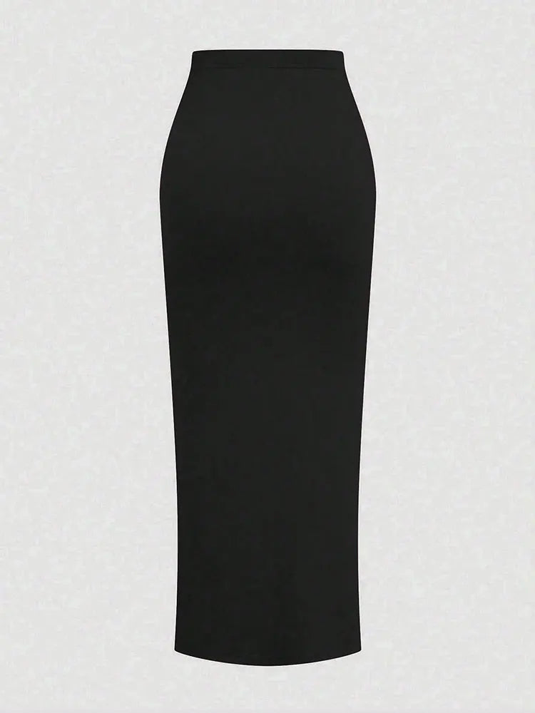 High-Waist Knitted Ruched High-Slit Midi Skirt