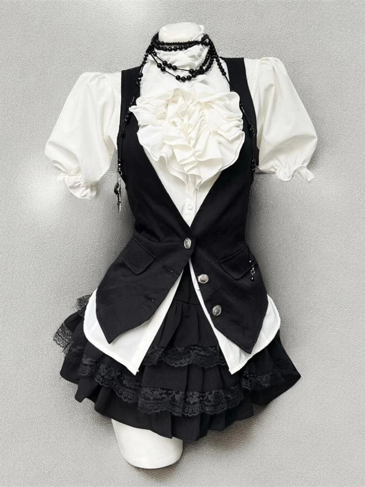 Vest + Bow Chic Blouse + High Waist Skirt Set