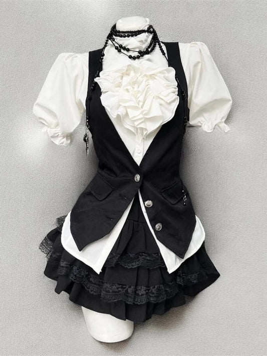 Vest + Bow Chic Blouse + High Waist Skirt Set