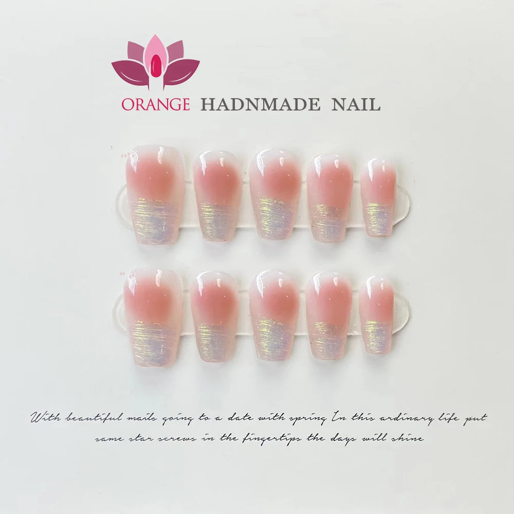 Medium Coffin Press on Nails Wearable Full Cover Artificial Nails With Designs Pink Color Handmade French Manicuree Fingernails