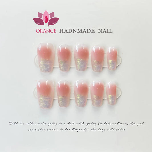 Medium Coffin Press on Nails Wearable Full Cover Artificial Nails With Designs Pink Color Handmade French Manicuree Fingernails