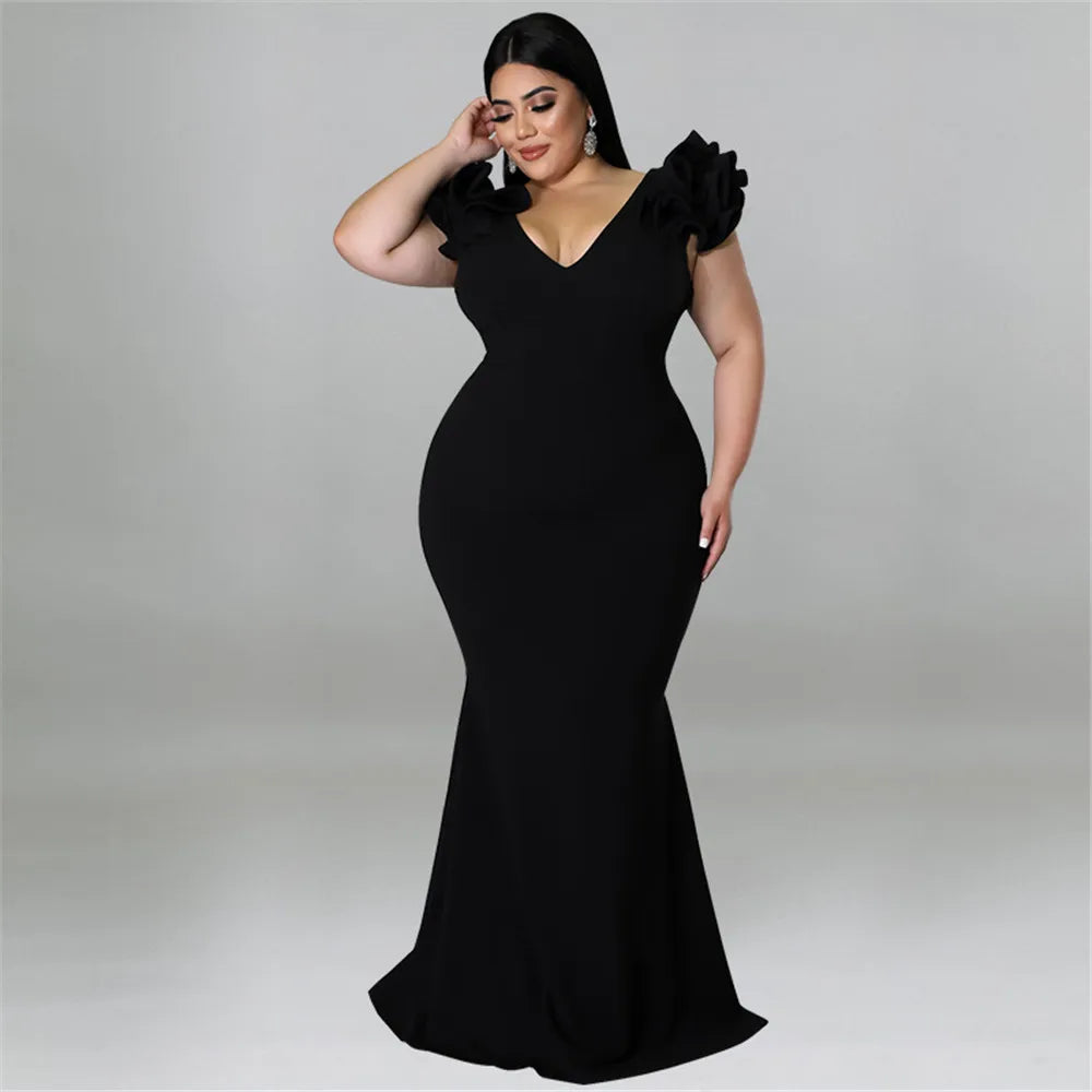 Wmstar Plus Slip Hem Ruffle Sleeve Maxi Dress
