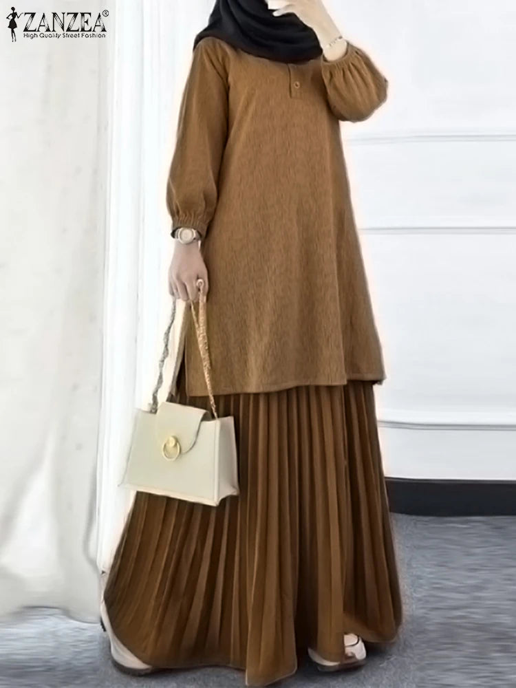 ZANZEA Autumn Muslim Two Piece Sets Women Outfits Casual Long Sleeve Long Tops Dress Sets Abaya Suit Dubai Hijab Tracksuit 2025