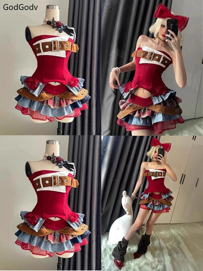 サマービンテージエレガントY2Kレディース2ピースセット パンクゴシックストラップレスクロップトップス＋ハイウエストラッフルスカート 女性用パーティ衣装 2025