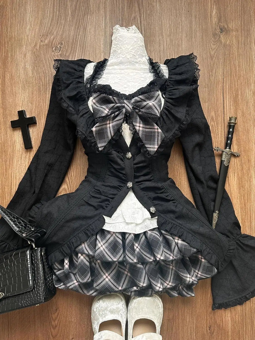 Slash Neck Sling Long Sleeve Cardigan + High Waist Plaid Skirt Set