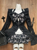 Slash Neck Sling Long Sleeve Cardigan + High Waist Plaid Skirt Set
