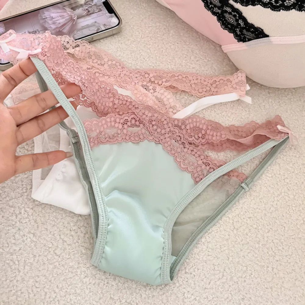 SP&CITY Cross Belt Lace Transparent Sexy Women's Underpants Low Waist Mesh Hollowed Bow Panties Cotton Crotch Breathable Briefs