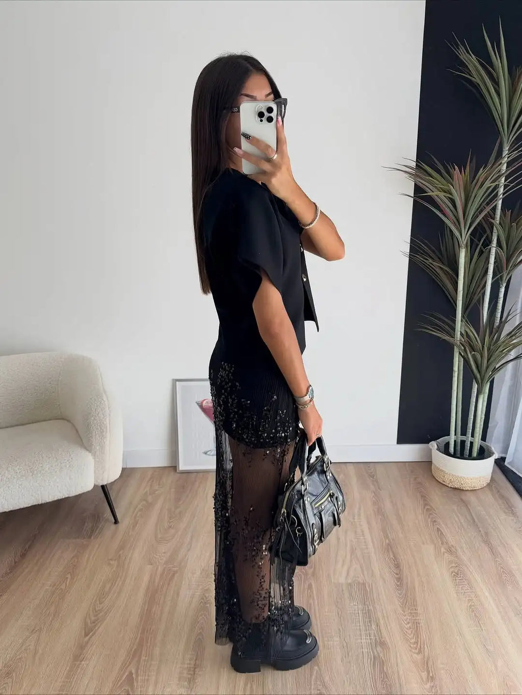 Sequin Patchwork Lace Long Skirt