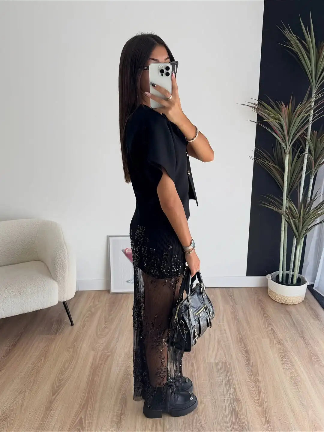 Sequin Patchwork Lace Long Skirt
