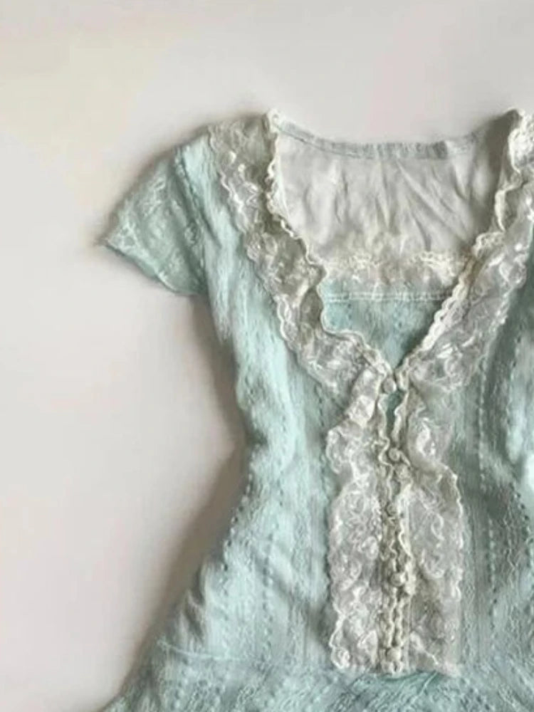 Casual Lace Green Top + Design Mini Skirt