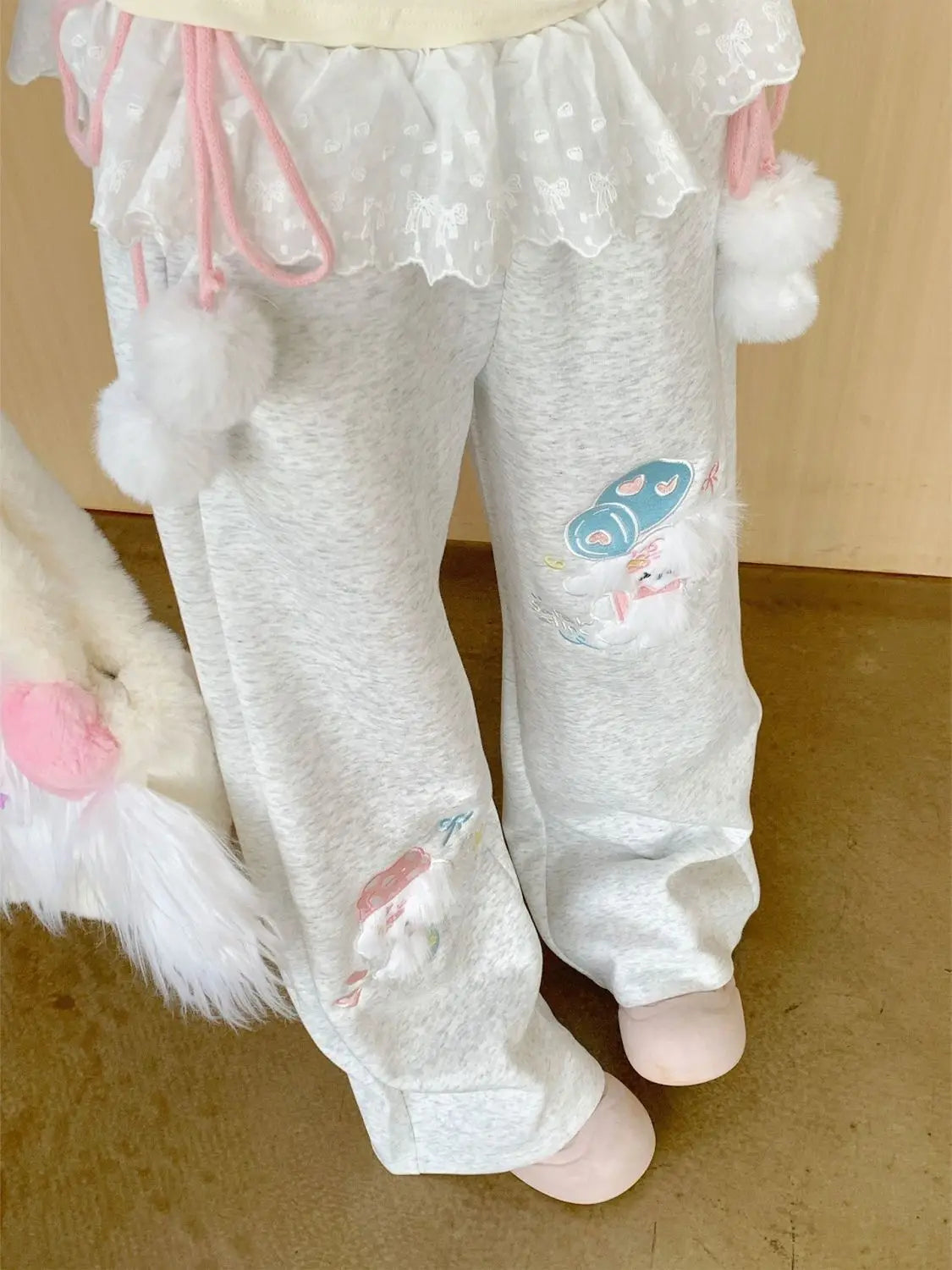 Cute Bunny Graphic Wide-Leg Lounge Pants – Grey with Pink Ribbons & Pom-Poms