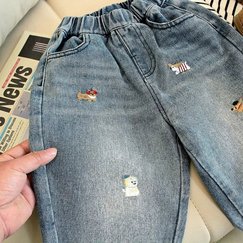 春秋新作 韓国風キッズジーンズ かわいい子犬刺繍入り カジュアル長ズボン 男の子用 万能ファッショントラウザーズ