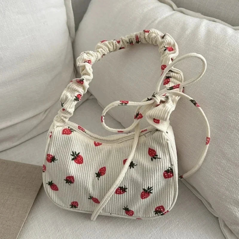 Strawberry Print Half Moon Tote