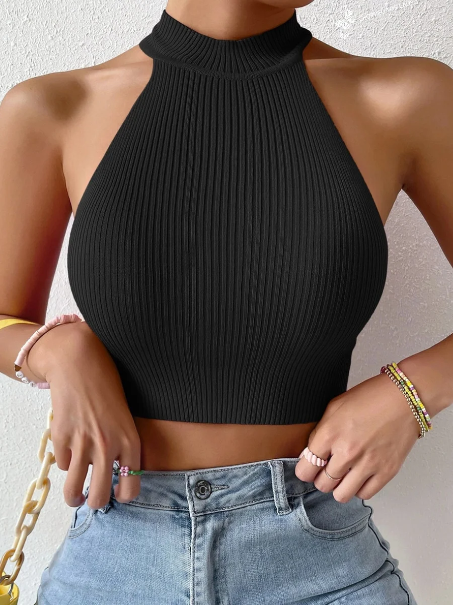 Knit Sleeveless Corset Halter Crossfit Crop Top