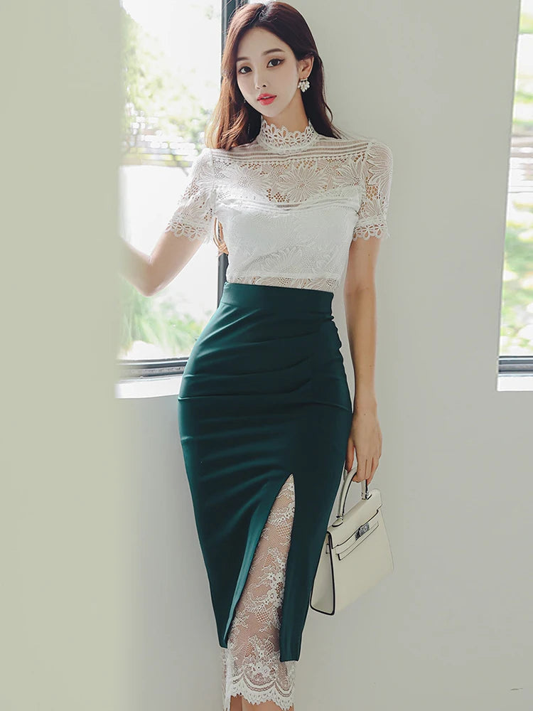 High-Neck Lace Short Sleeve Top and Emerald High-Waist Ruched Side-Slit Pencil Skirt with Floral Lace Panel Detail