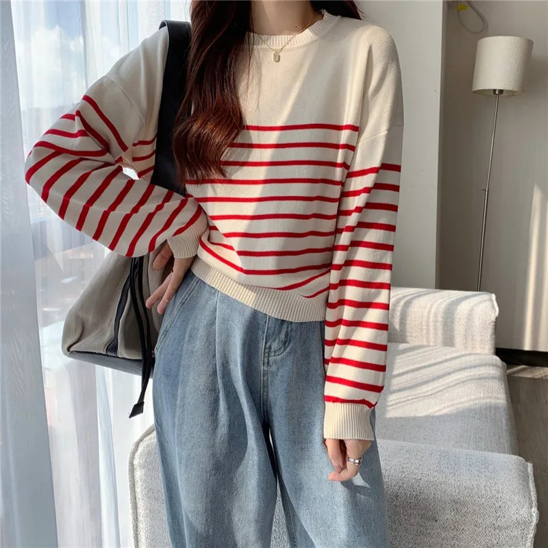 Striped Crew Neck Long Sleeves Knit Sweater
