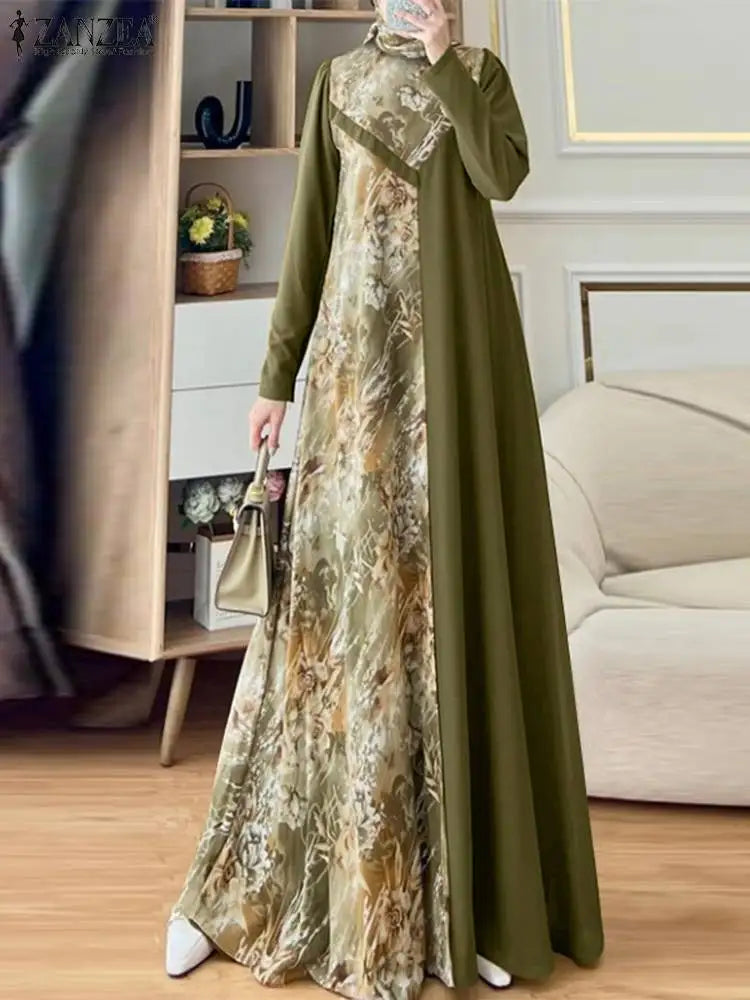 ZANZEA Women Elegant Long Sleeve IsIamic Robe Maxi Vestidos Muslim Patchwork Abaya Dubai Sundress Autumn Floral Printed Dresses
