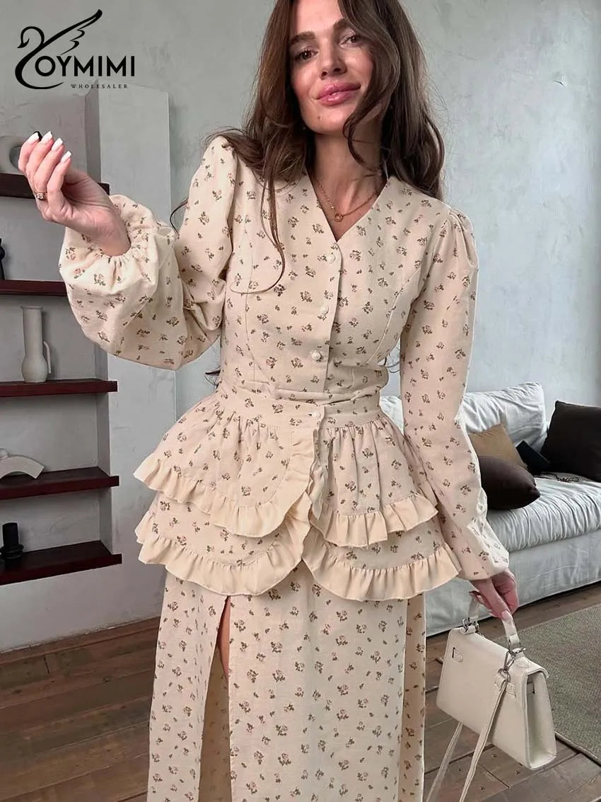 Oymimi Casual Apricot Print 2 Pieces Set