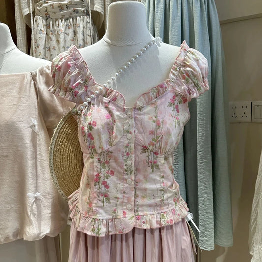 V-Neck Pleated Floral Short-Sleeved Blouse