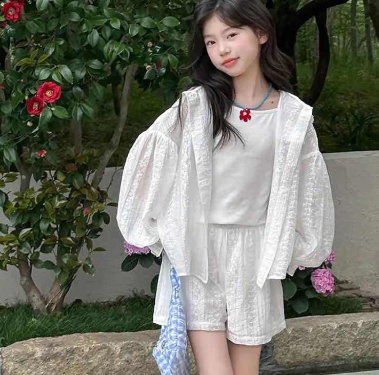 Lace Embroidery Hooded Sunscreen Coat Shorts Vest Three Piece Set