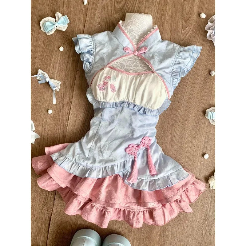 Lace Patchwork Top + Y2k Plaid Mini Skirt Set
