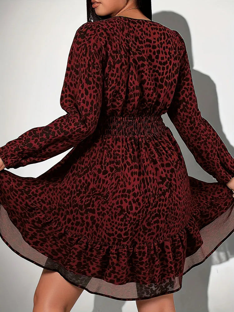 V-Neck Leopard Print Long-Sleeve Dress