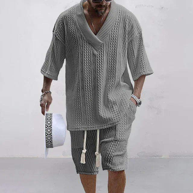 メンズショートパンツセット サマーカジュアルニットツーピース メンズ衣料 Vネック半袖Tシャツとショートパンツ ストリートウェアニットセット
