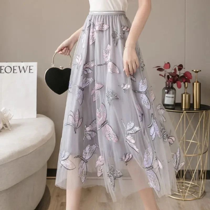 Embroidered Butterfly Mesh Midi Skirt with Sequin Detail