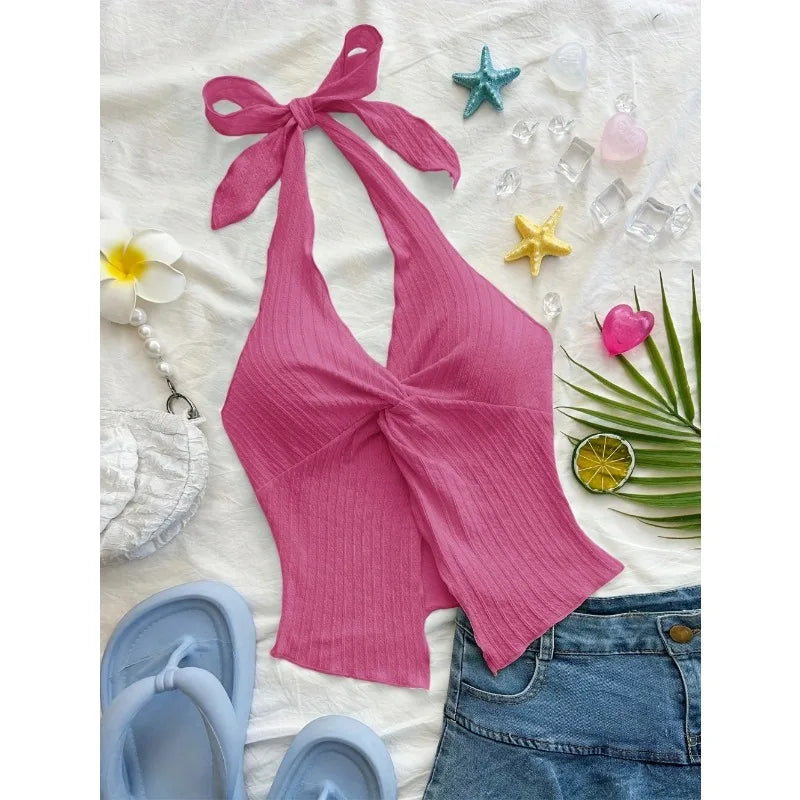 V-neck Halter Neck Crop Top