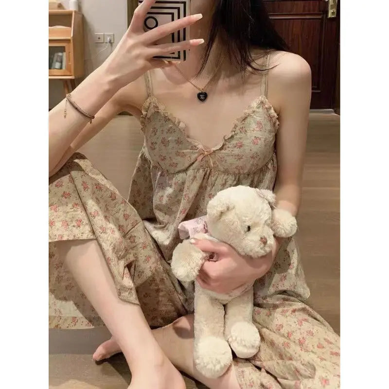 Pajamas Floral Trouser Suits Pajamas Woman Summer Home Wear 2 Pieces Sleep Tops + Pants Long Sleeve Nightie Pijamas Nightgown