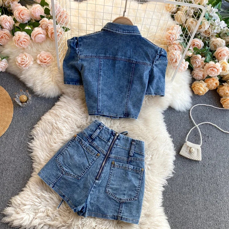 Short Sleeve Puff Sleeve Crop Top and Lace-Up High-Waisted Shorts Set