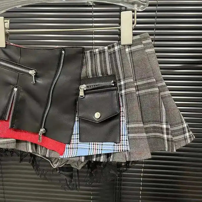 DEAT Patchwork Plaid Irregular Pleated Mini Skirt
