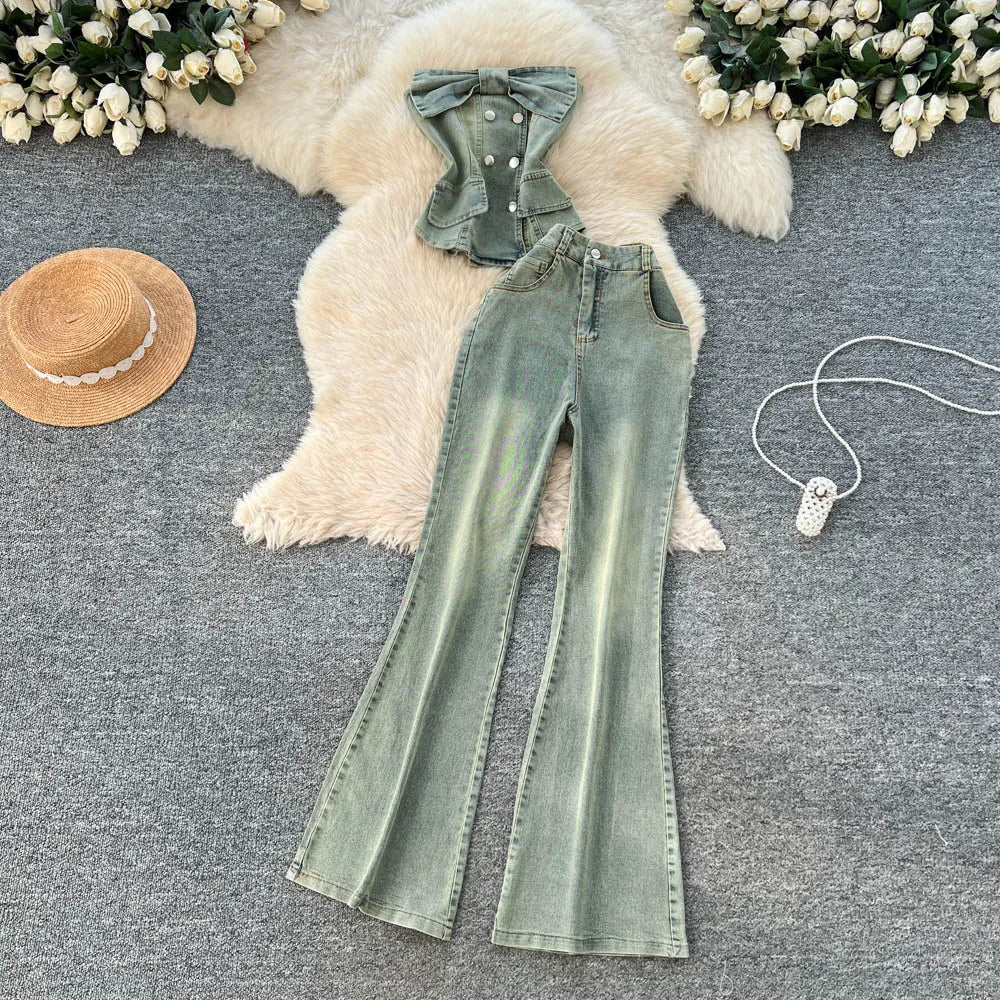 Denim Button Pocket Strapless Top Zipper Empire Waist Full Length Flare Pants Set