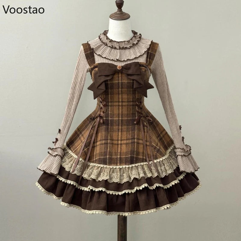Lace Bow Peter Pan Collar Cloak Top Plaid Mini Dress Set