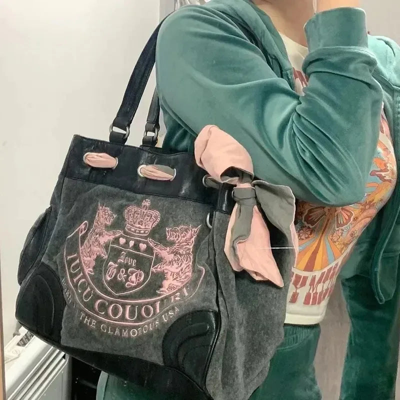Internet-famous retro stylish spicy girl embroidered color-blocking bag Tote bag