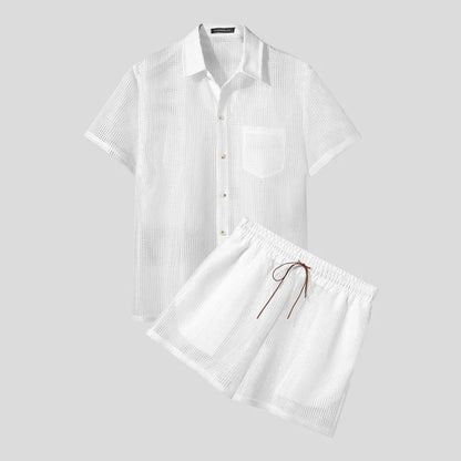 INCERUN メンズセット メッシュ ホローアウト シースルー ラペル 半袖シャツ＆ショートパンツ 2点セット ストリートウェア セクシー メンズ カジュアルスーツ