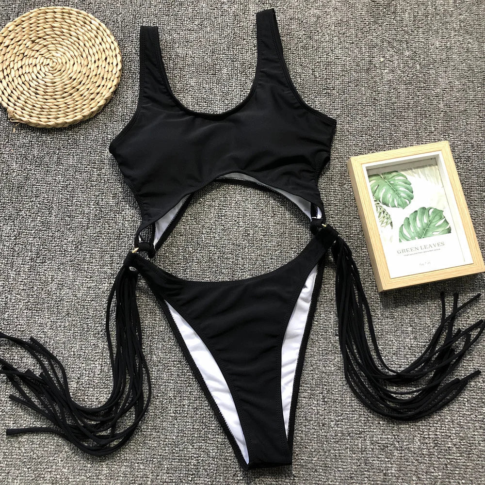 Patchwork Fringe Cut Out Rings Monokini