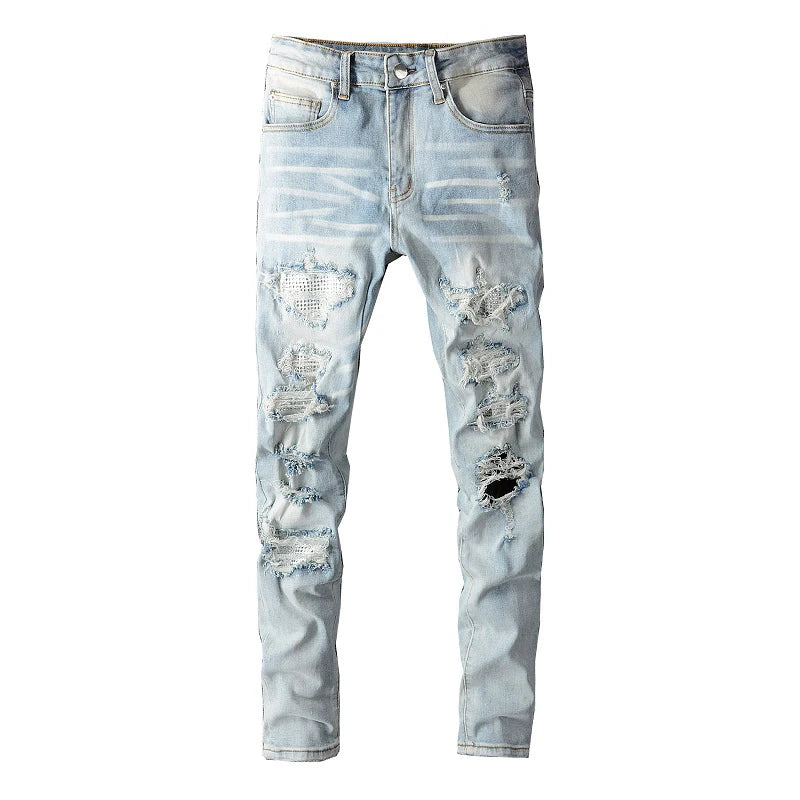 Crystal Holes Ripped Patchwork Jeans